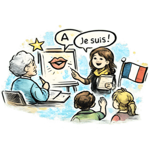 French language lesson with teacher and students, engaging classroom scene.