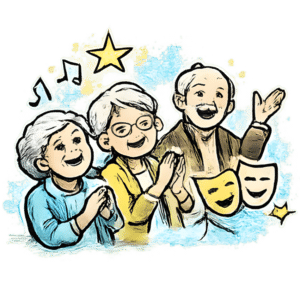 Vibrant image of actors with theater masks, celebrating creativity and artistic talent at Studio Bel.