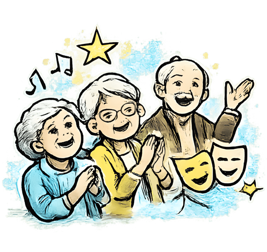 Vibrant image of actors with theater masks, celebrating creativity and artistic talent at Studio Bel.